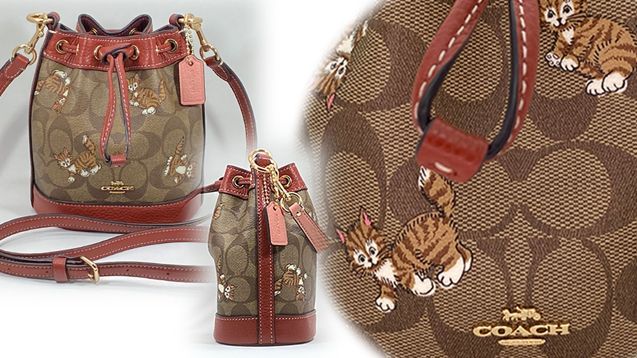 Coach Mini Dempsey Bucket Bag in Signature Canvas with Dancing Kitten Print  for Women