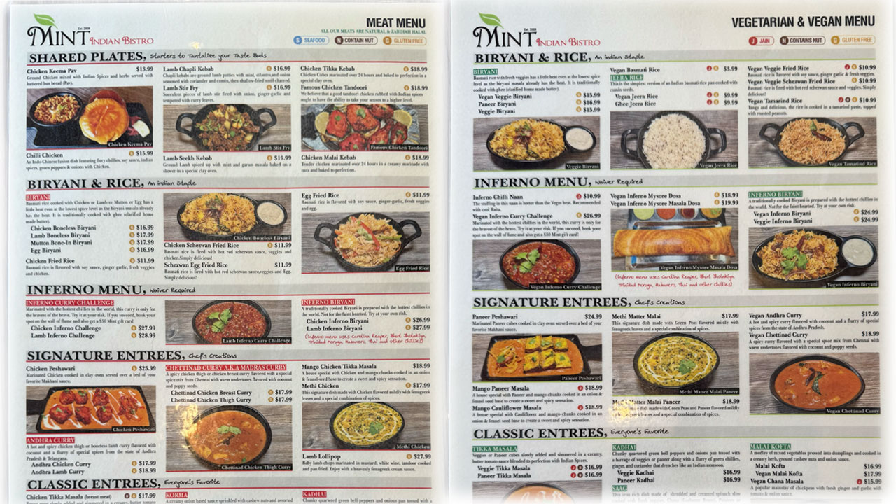 Mint Indian Bistroのレギュラーメニューとベジタリアンメニュー
